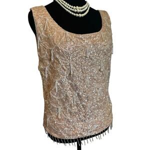 Knitwear Beaded Wool Tank Shell Top Pink Sequin Scalloped